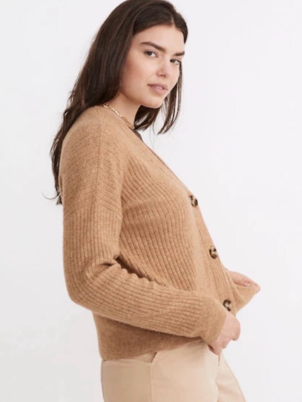 Madewell Ribbed V-Neck Button Cardigan in Camel size L. EUC. No flaws. - Picture 2 of 7